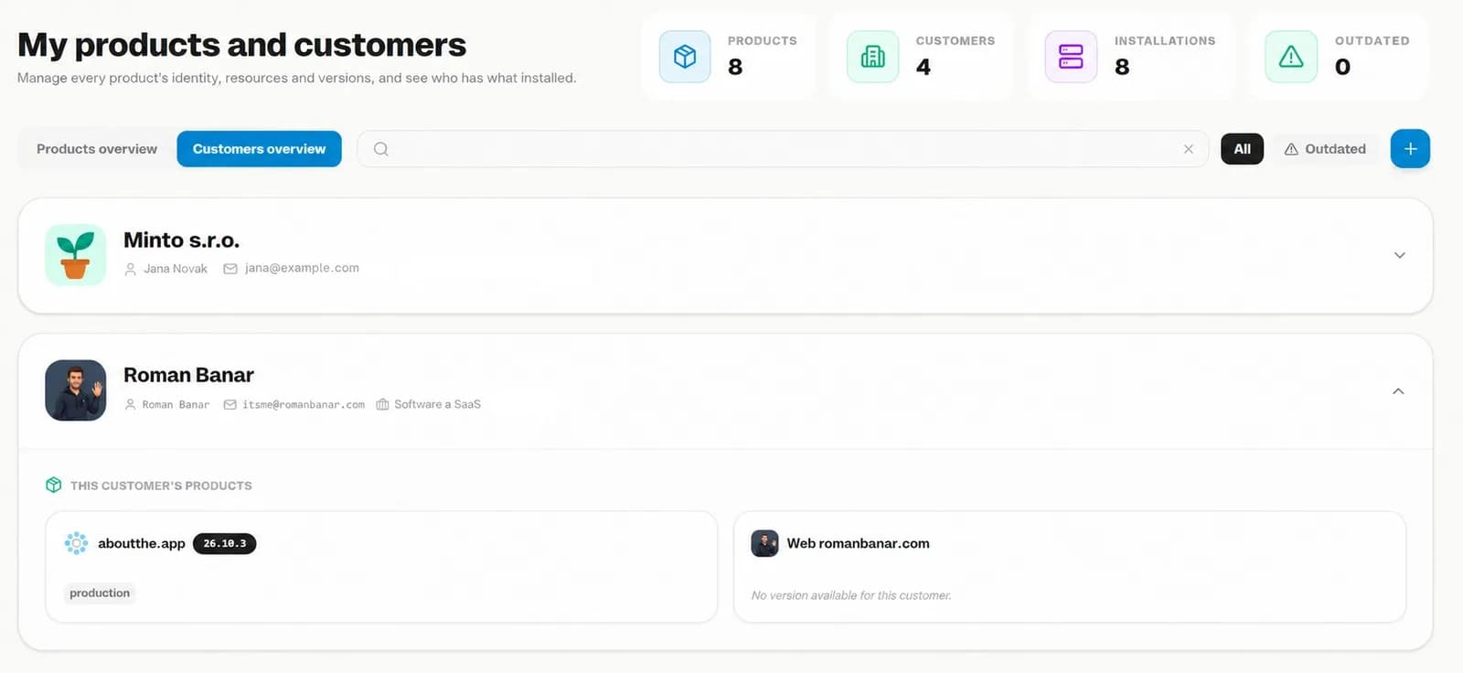 Customers overview with each customer's apps and deployed versions