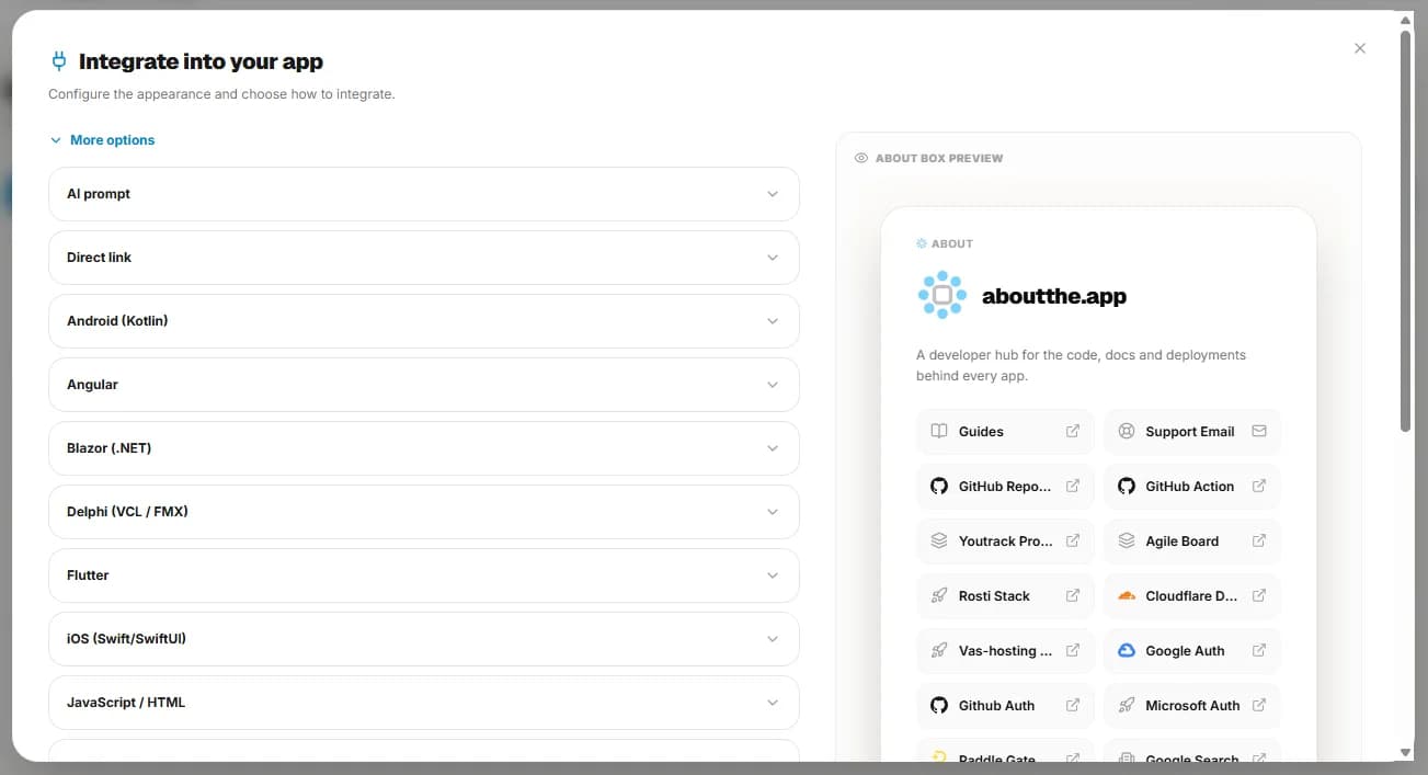 Integration panel with ready-made code and an About box preview