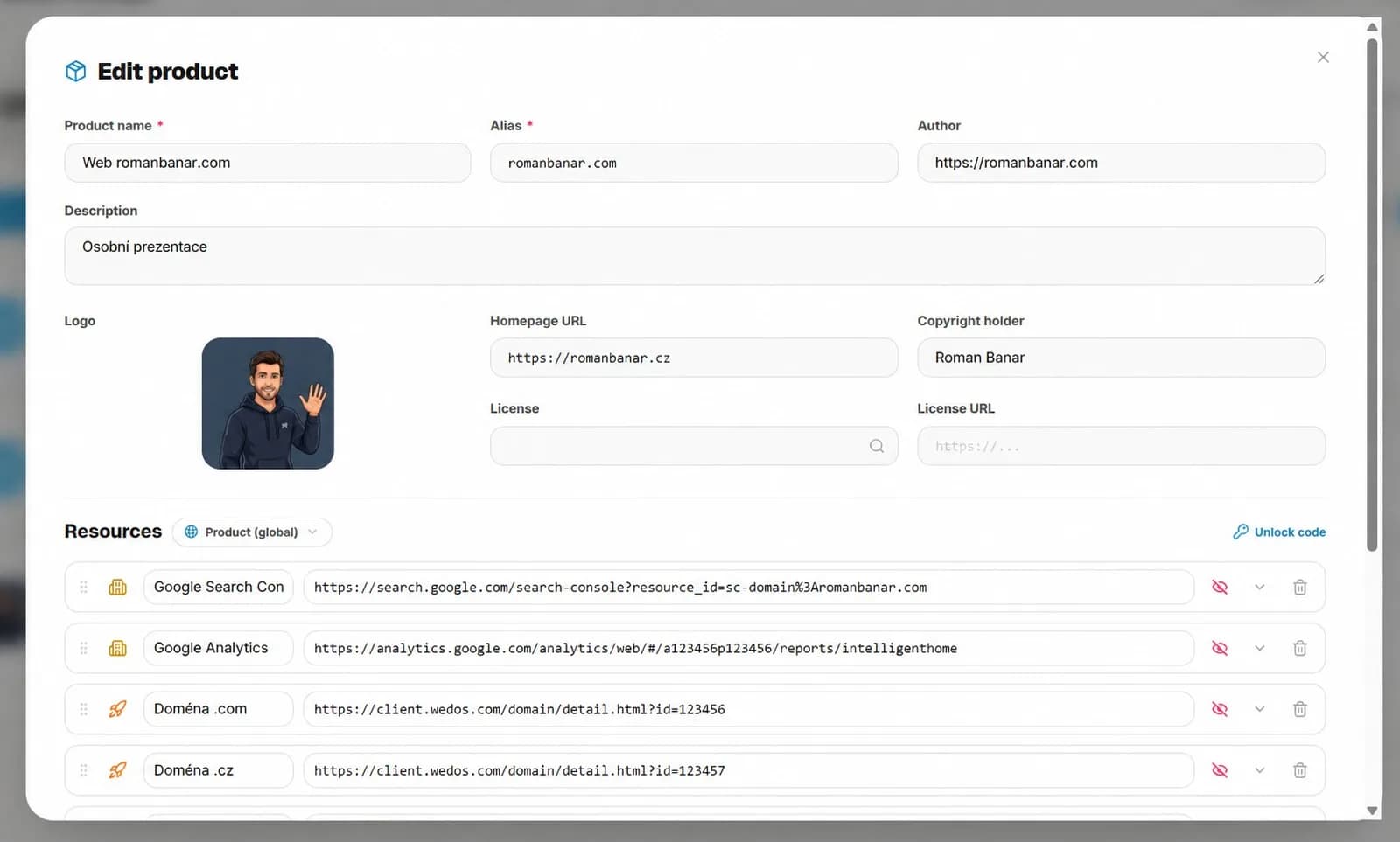 Product editor with a list of resources, some public and some private