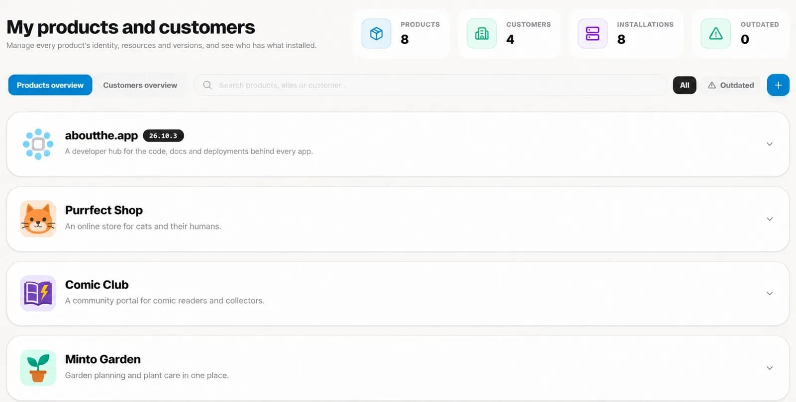 Dashboard with statistics, search, the All / Outdated filter and a list of apps
