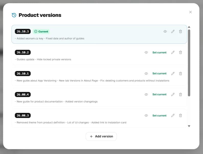 Product versions with release notes and the current version highlighted